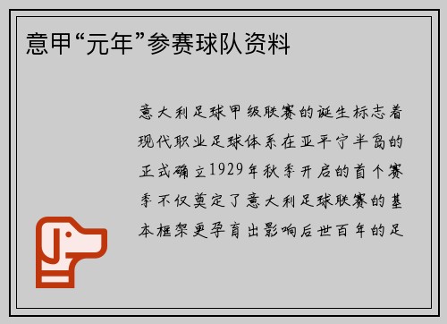 意甲“元年”参赛球队资料