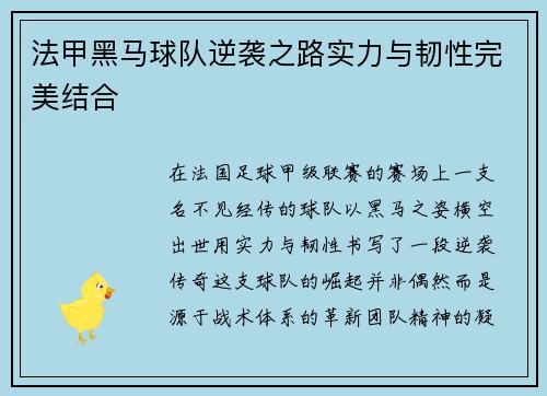 法甲黑马球队逆袭之路实力与韧性完美结合