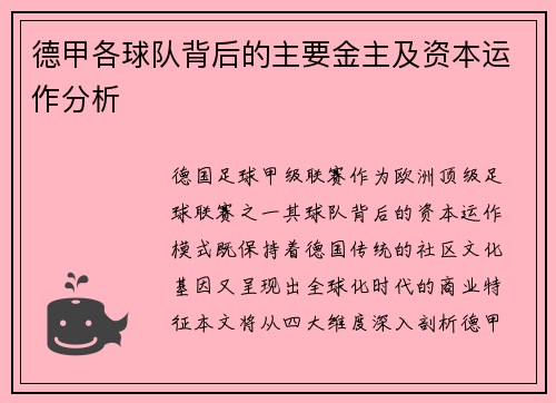 德甲各球队背后的主要金主及资本运作分析