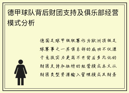 德甲球队背后财团支持及俱乐部经营模式分析