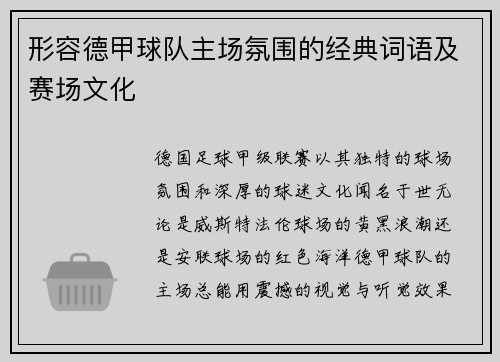 形容德甲球队主场氛围的经典词语及赛场文化